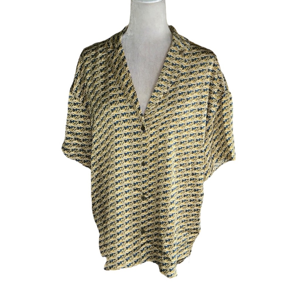 House of Harlow 1960 Geometric Retro Print Sateen Oversized Button Down Shirt  L